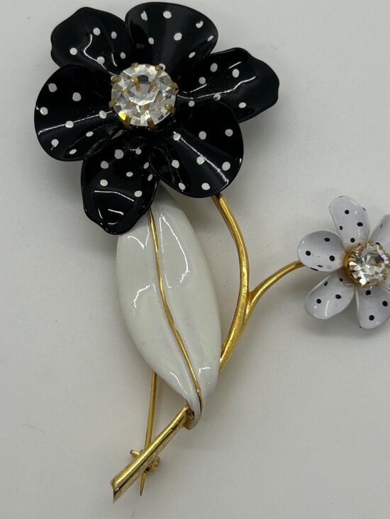 Vintage Avon Spectator Brooch Black & White Enamel Polka Dot Flower Rhinestone - Picture 2 of 12